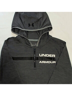 Under Armour HeatGear Boys YLG Gray Loose Fit 1/4 Zip Logo Hoodie Top